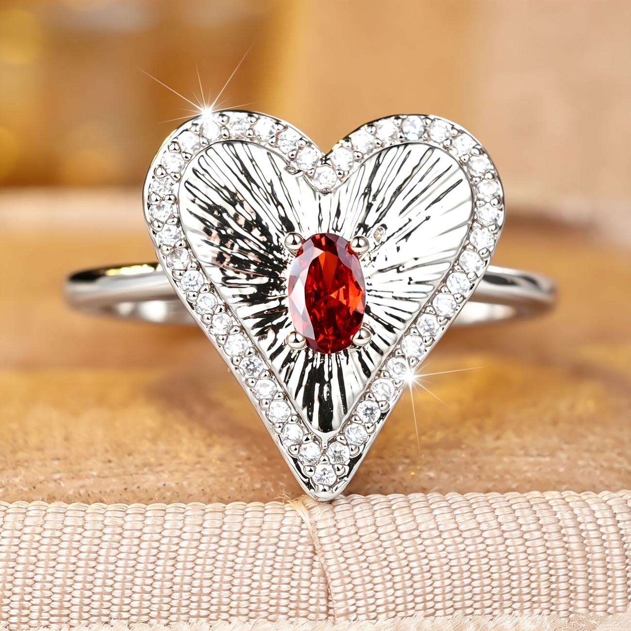 Women's Elegant Red Synthetic Zirconia Inlaid Ring, Luxurious Style